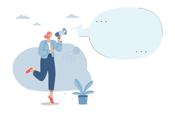Marketing communication concept, Important notice announcement, Promote products, With large speech bubbles, Female employee holds a loudspeaker in her hand announcing news of the organization.