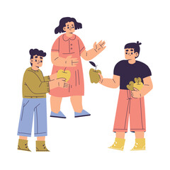 Polite Boy Character Share Apples with Friend Having Good Manners Vector Illustration