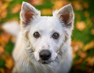 Portrait of a white dog with emotional facial expression in the autumn park