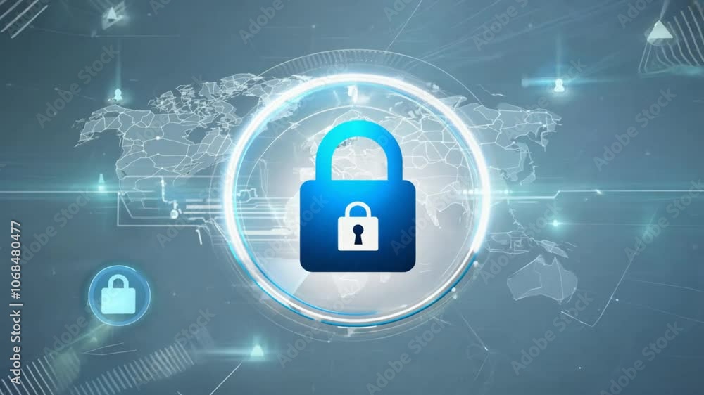 Poster digital security padlock symbol over global map for cybersecurity and data protection in connected w