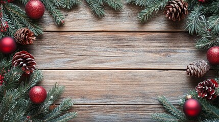 Rustic Wooden Background with Christmas Decor Elements