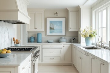 White Kitchen with Stainless Steel Appliances and a Blue and White Decor Theme