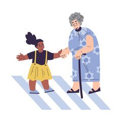 Polite Girl Character Lead Senior Woman Across Road Having Good Manners Vector Illustration