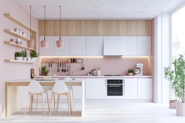 Modern Kitchen with Pink Accents and Wooden Elements