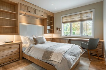 A compact, multi-functional guest room with a wall bed that folds up to reveal a home office setup, demonstrating efficient use of limited space.