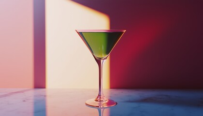 Elegant cocktail glass illuminated by vibrant gradient lighting, creating a sophisticated and modern ambiance.