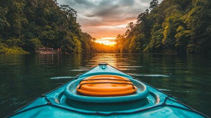 A kayak glides smoothly on a calm river during sunset, framed by verdant trees, creating a peaceful and scenic ambiance perfect for outdoor enthusiasts