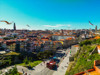 Panoramic view of Porto, Portugal from drone point of view. Beautiful buildings with red rooftops 