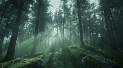Obraz premium Misty forest illuminated by sunlight, casting ethereal rays through tall trees and vibrant moss-covered ground.