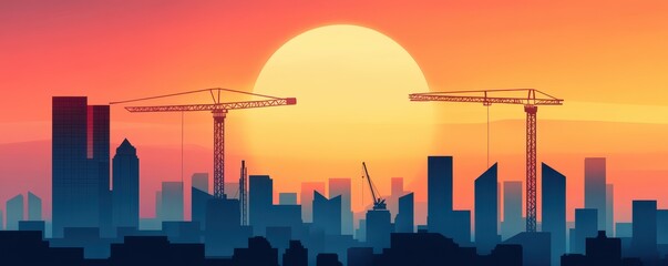 Fototapeta premium Urban skyline featuring construction cranes, symbolizing growth and development in a bustling city.