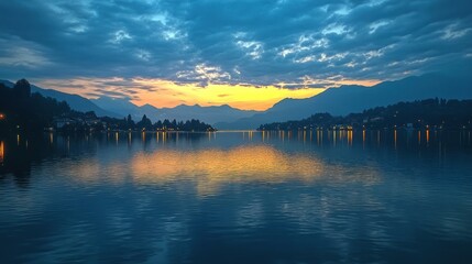 Fototapeta premium Sunset Reflection on Lake with Mountains