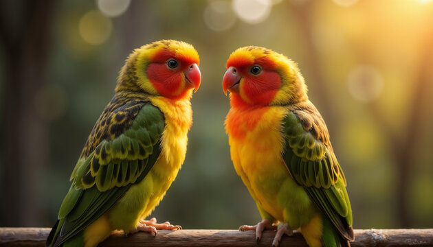  Two vibrant parrots facing each other in sunlight

