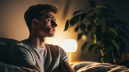 A young man sits on his bed at night, his expression pensive and worried