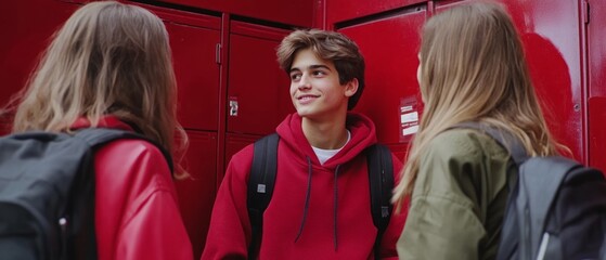 Obraz premium A group of teenagers chats happily by vibrant red lockers, enjoying their time together on a sunny day at their school