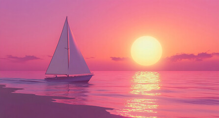 Sailboat gliding through calm waters at sunset