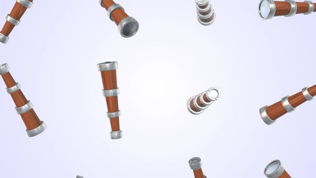 Old Telescopes Falling on a Light Background. Telescope Tubes 3D. Pirates. 4K
