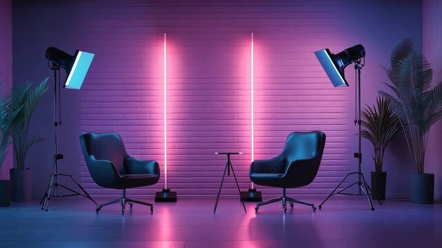 Two chairs, a table, and plants are set up in a studio with pink and blue lighting