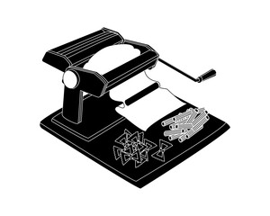 Manual machine for rolling out dough, preparing pasta and dumplings. Kitchen appliances. Vector black and white illustration