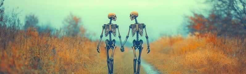 Two skeletons walking down a dirt road together, halloween holiday