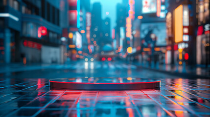 Futuristic glass podium product stand or display on the road with blur city ​​street background. Backdrop for product presentation, advertising, mockup, showcasing with copy space.