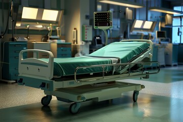 Modern empty hospital bed waiting for a patient to be admitted in an intensive care unit