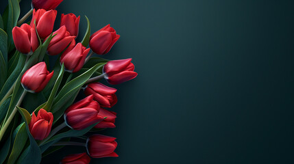 Red tulips on a green background. Flowers creative composition. Mock up, top view, copy space.