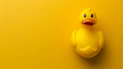 A yellow rubber duck floats on a yellow background. The duck is facing the viewer and has a happy expression on its face.