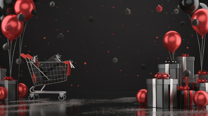 Front view of black friday sale background with balloons, gift boxes and shopping cart.