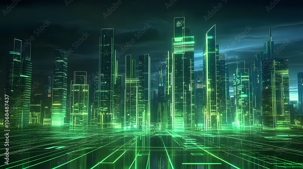 Poster futuristic city skyline with glowing green lines, representing digital connectivity and urban develo