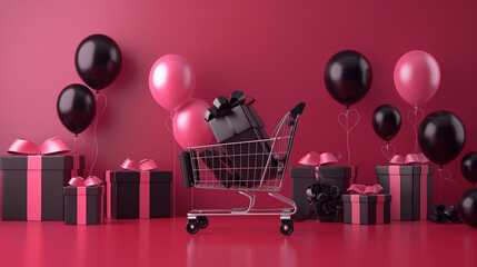 Front view of black friday sale background with balloons, gift boxes and shopping cart.