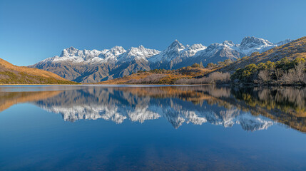 Snow-Capped Mountain  Reflections on Lake Water. Lake mirroring a mountain range under clear skies. landscape