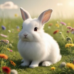 Fototapeta premium Adorable white bunny nestled in vibrant wildflowers on a sunny meadow, evoking springtime joy and playful innocence for heartwarming children's stories and cheerful seasonal designs