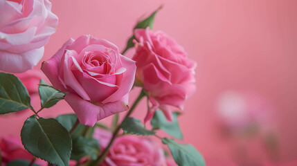 Light pink roses in full bloom against a blurred background of the same color. The petals are soft and delicate, and the leaves are a deep green.