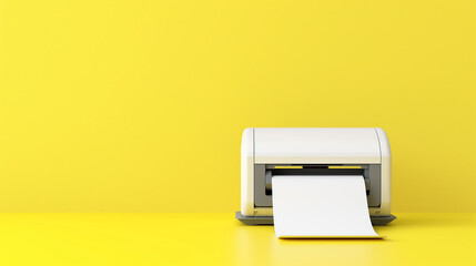 Mini printer with paper roll. A compact printer with a fresh roll of paper, against a clean flat simple yellow background with copy space.