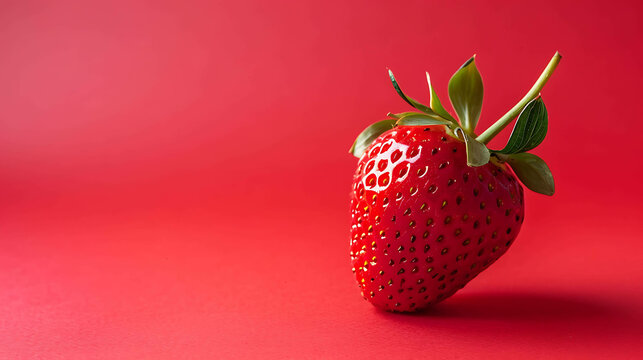A close-up image of a fresh, ripe strawberry on a solid red background. The strawberry is in focus, with a blurred background.