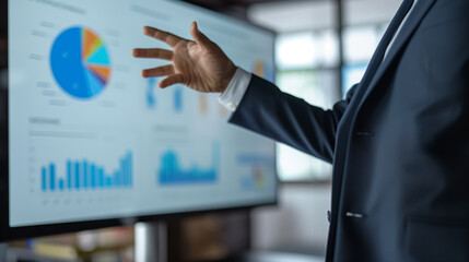 Business Presentation in Progress. Closeup businessman gesturing while giving a presentation with charts on a screen in the background.