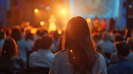 Fototapeta premium A young woman with long brown hair sits in a large auditorium and watches a live musical performance.