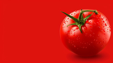 A fresh, ripe tomato sits on a solid red background. The tomato is round and red, with a small green stem at the top.