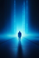 Obraz premium A solitary figure stands in dense fog, illuminated by vibrant blue light, creating an otherworldly atmosphere in an urban setting during nighttime