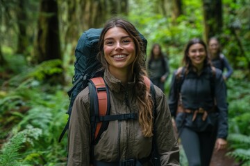 Fototapeta premium Embracing Adventure: A Joyful Journey Through Lush Wilderness with Friends, Highlighting the Beauty of Nature and the Spirit of Hiking