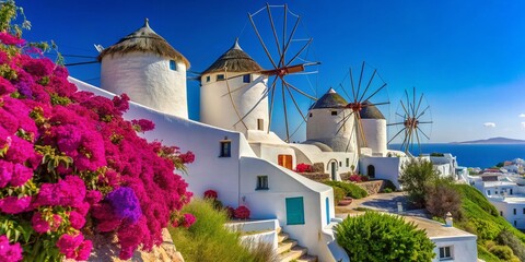 Naklejka premium Iconic Mykonos Windmills Under a Clear Summer Sky - Architectural Photography of Greece's Cyclades Islands