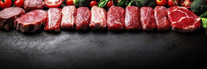 A variety of fresh meats arranged with vegetables, ready for cooking or grilling.