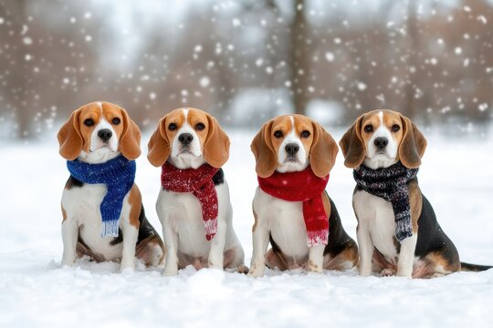 Adorable beagles sitting together in snow, each wearing colorful scarves, with snow falling gently in a winter setting.