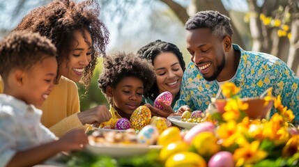 Fototapeta premium A joyful family gathers outdoors, decorating and admiring colorful Easter eggs, surrounded by bright spring flowers.