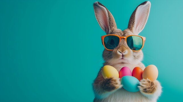 A cool rabbit wearing orange sunglasses holds colorful Easter eggs against a bright teal background, symbolizing fun.