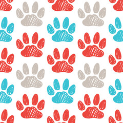 Fototapeta premium Seamless pattern with hand drawn pet paw prints. Domestic cat track footprints in brush stroke texture paint style