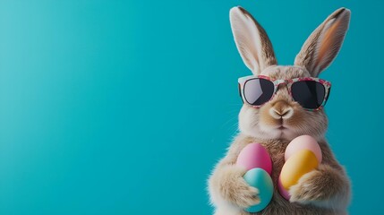 Obraz premium A stylish rabbit wearing floral-patterned sunglasses holds pastel-colored Easter eggs against a bright teal background, with copy space for text.