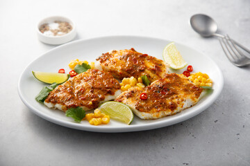 White fish fillet with pepper paste and corn