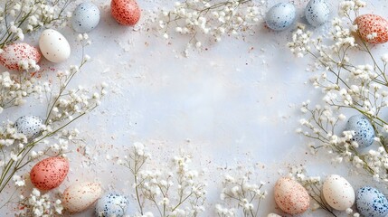 Obraz premium Speckled Easter eggs arranged with delicate white flowers on a light textured background for decoration, with copy space for text