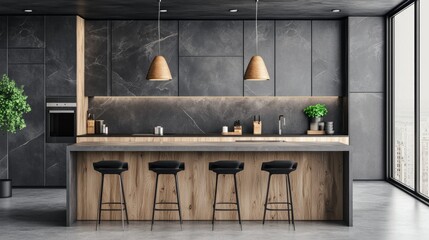 Modern Kitchen Island with Wooden Bar Stools and Sleek Black Cabinets